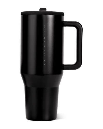 HydroJug Traveler 40 oz tumbler in black, with handle and circular flip straw lid